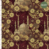 Digitally Printed Fabric with a Burgundy Ground, Gold Detailed Islamic Motifs and a Crescent Ramadan Theme